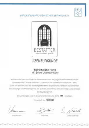 Lizenzurkunde zum Führen des Markenzeichen des Bundesverbandes Deutscher Bestatter e. V.